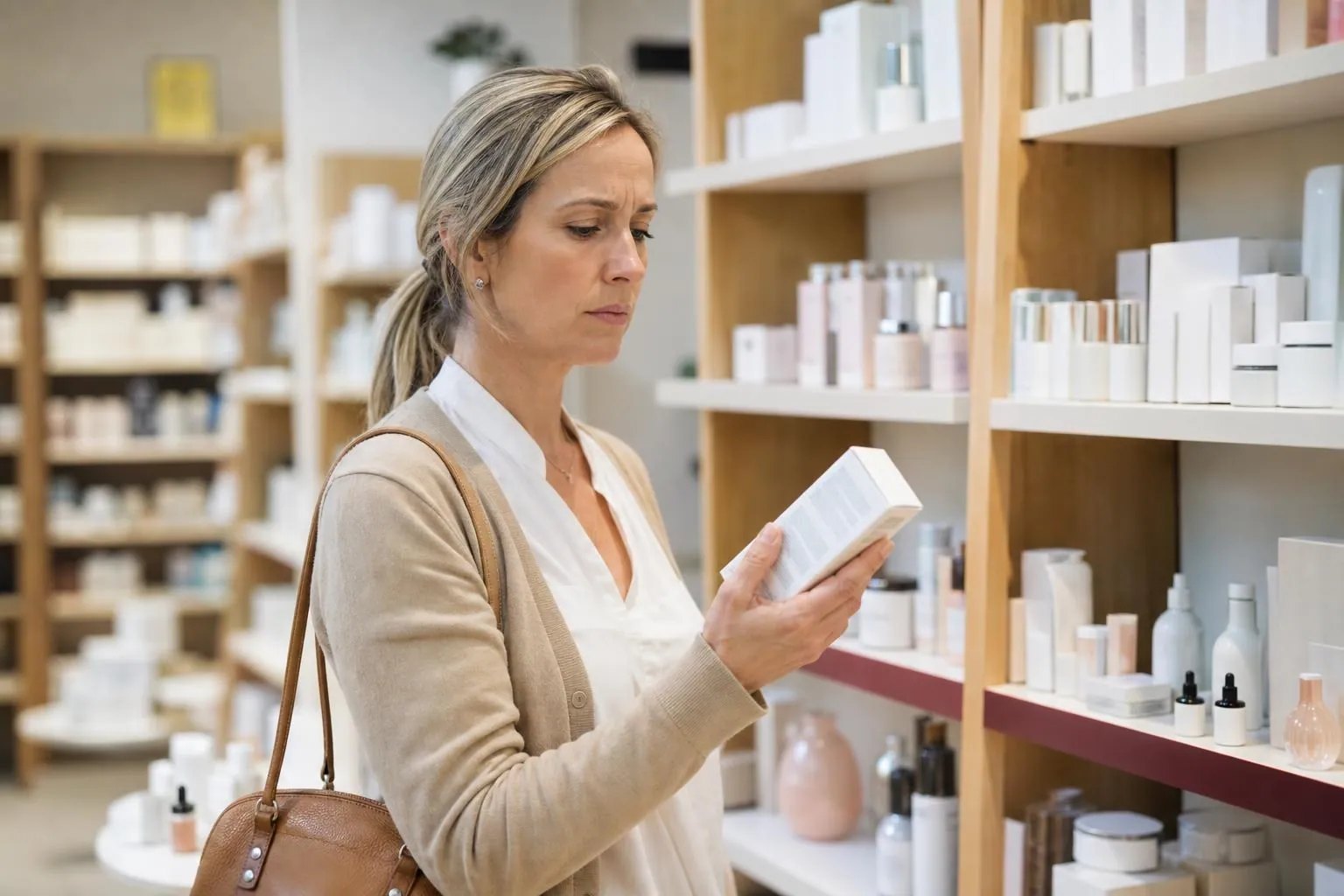 Femme d’environ quarante huit ans debout dans un rayon de parapharmacie, retournant une boîte de complément pour en lire le dos