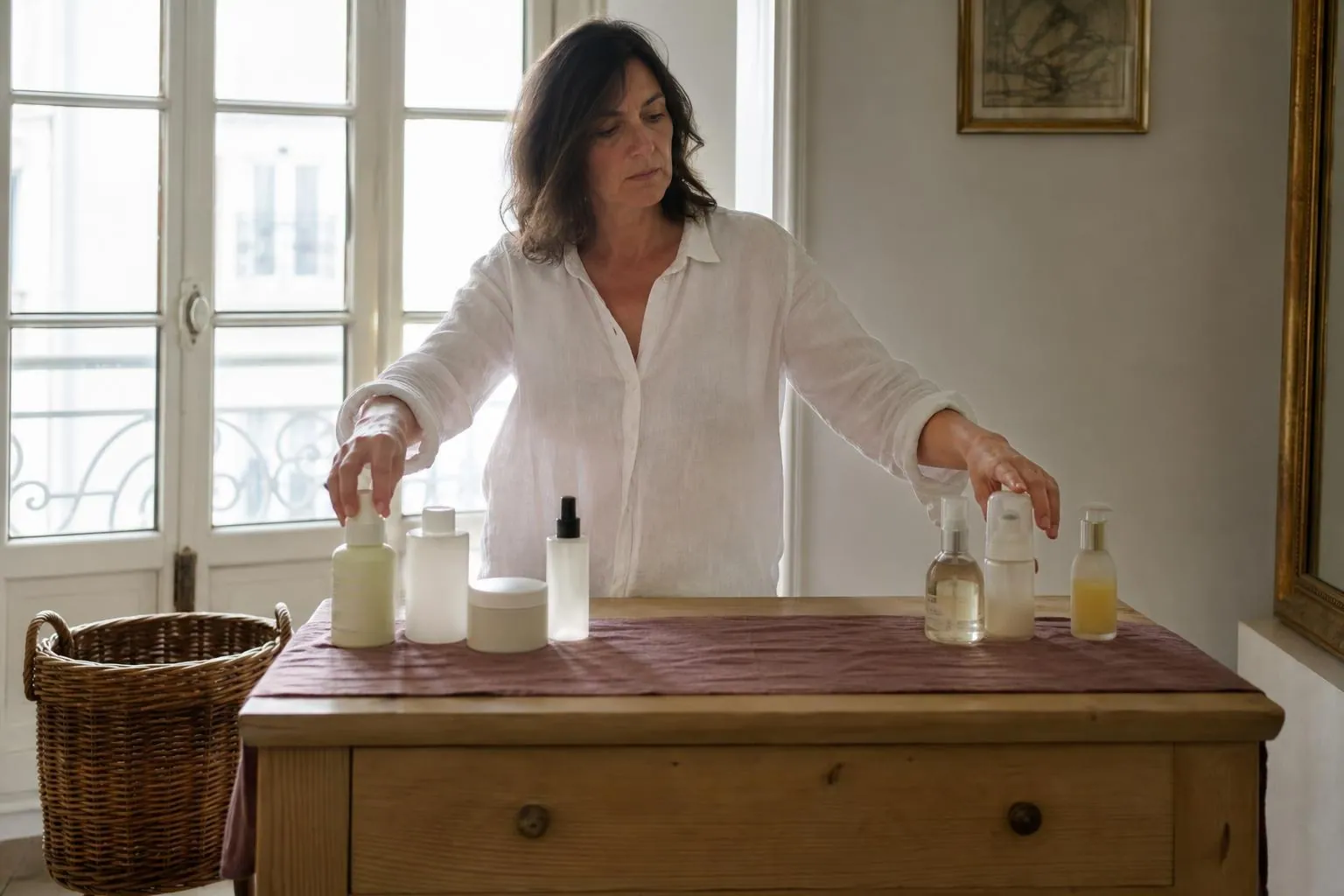 Femme d’environ quarante cinq ans triant sept flacons de soins capillaires posés sur une commode près d’une fenêtre lumineuse