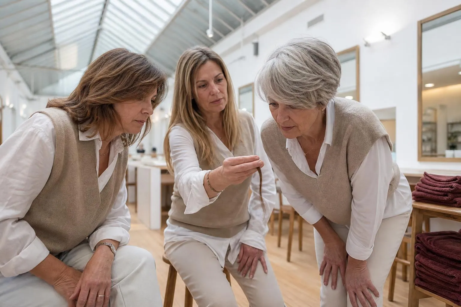 Trois femmes de quarante à soixante ans assises en cercle dans un atelier de coiffure lumineux, échangeant autour de mèches témoin